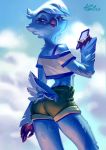  2019 absurd_res avian bird blue_theme butt butt_pose cellphone clothing female hi_res holivi looking_back looking_down phone pose shorts solo standing talons tweetfur twitter 