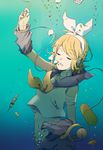  air_bubble bandages bandaid bandaid_on_finger blonde_hair bubble closed_eyes detached_sleeves hair_ornament hairband hairclip highres intravenous_drip kagamine_rin pill short_hair solo syringe underl underwater vocaloid 