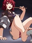  ass bare_legs barefoot blush cropped_jacket drumsticks feet fellatio_gesture hemogurobin_a1c horikawa_raiko implied_footjob jacket looking_at_viewer loose_necktie microskirt necktie off_shoulder open_clothes open_jacket open_mouth panties pantyshot purple_panties red_eyes red_hair sexually_suggestive shirt sitting skirt soles solo toes tongue tongue_out touhou underwear 