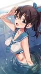  bikini blue_eyes blush breasts brown_hair cleavage h@ll highres idolmaster idolmaster_million_live! medium_breasts one_eye_closed open_mouth ponytail sailor_bikini sailor_collar sailor_swimsuit_(idolmaster) satake_minako sketch smile solo swimsuit 