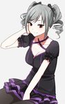  breasts cleavage drill_hair idolmaster idolmaster_cinderella_girls idolmaster_cinderella_girls_starlight_stage kanzaki_ranko large_breasts pantyhose red_eyes senju_(snz0) silver_hair smile solo twin_drills twintails 