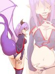  alma_elma ass belly camel_(dansen) cloak demon_girl demon_wings facial_tattoo horn mon-musu_quest! monster_girl navel pointy_ears purple_hair red_eyes simple_background tail tattoo thighhighs vore white_background wings 