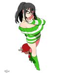  1girl adjusting_glasses arm_behind_back bangs bare_shoulders black-framed_glasses black_eyes black_hair boots breasts cleavage collarbone full_body glasses green_boots hand_up hat head_tilt high_heel_boots high_heels horns kinako_(marubotan) large_breasts long_hair long_sleeves looking_at_viewer necklace nico_robin one_piece ponytail red_hat red_pants revealing_clothes simple_background smile solo_focus standing striped striped_sweater sweater sweater_dress tony_tony_chopper white_background 