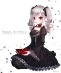  ankkoyom black_dress black_legwear blush book dress drill_hair gothic_lolita grey_hair happy_birthday idolmaster idolmaster_cinderella_girls kanzaki_ranko lolita_fashion long_hair looking_at_viewer neck_garter pale_skin pantyhose parted_lips red_eyes seiza sitting solo twin_drills twitter_username 