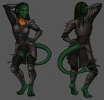  2015 alien anthro armor breasts clothed clothing female green_scales lizard looking_at_viewer multi_eye multicolored_scales non-mammal_breasts orange_scales reptile scales scalie simple_background solo ssarenna tekenar two_tone_scales white_sclera wickedjuti yellow_eyes 