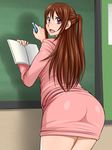  1girl ass blush book brown_hair business_suit chalk chalkboard eyebrows eyebrows_visible_through_hair from_behind holding indoors legs long_hair long_sleeves looking_back open_mouth oreteki18kin original pink_eyes pink_skirt shiny shiny_clothes skirt solo standing suit thighs writing 