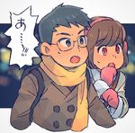  1girl backpack bad_id bad_twitter_id bag bangs black_hair blue_eyes blunt_bangs brown_hair coat couple earmuffs glasses glasses_boy_(osomatsu-san) gloves highres open_mouth osomatsu-san otetsu red_eyes scarf short-haired_girl_(osomatsu-san) short_hair sweatdrop upper_body winter_clothes 