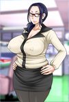  1girl black_skirt blue_hair blush breasts brown_eyes chair cleavage collared_shirt erect_nipples glasses hands_on_hips highres huge_breasts indoors legs long_hair long_sleeves looking_at_viewer mole oreteki18kin original pantyhose ponytail skirt solo standing thighs 