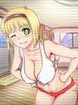  1girl bare_arms bare_legs bare_shoulders bed blonde_hair blush breasts cleavage clenched_teeth erect_nipples green_eyes hairband hands_on_hips highres hosokawa_miki indoors jigoku_sensei_nube large_breasts leaning_forward legs looking_at_viewer midriff navel nekoshi one_eye_closed short_hair short_shorts shorts sleeveless smile solo standing thighs window wink 