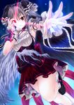  amasora_taichi armpits corset dutch_angle fake_wings glowing glowing_eye grey_hair hair_ribbon highres idolmaster idolmaster_cinderella_girls kanzaki_ranko looking_at_viewer mary_janes outstretched_arm red_eyes ribbon shirt shoes skirt smile solo twintails wings wrist_cuffs wrist_ribbon 