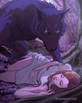  2015 anthro blue_eyes brown_hair canine clothed clothing digitigrade duo eyes_closed female forest fur glowing glowing_eyes hair hi_res human interspecies long_hair lying male male/female mammal nude outside purple_fur strawberryloveu tree were werewolf wolf 