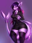  2016 anthro claws clothed clothing doomthewolf english_text eyewear female fin fish glasses hair hand_on_hip hi_res legwear long_hair looking_at_viewer marine necktie purple_claws purple_eyes purple_glasses purple_hair purple_skin sakura shark signature skirt slit_pupils smile solo spots suit teeth text thick_thighs thigh_highs voluptuous wide_hips 