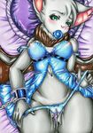 2016 anthro areola bat bat_wings bdsm bed big_ears big_eyes blush bondage bound breasts chest_tuft clothed clothing colored_pencil_(artwork) condom cute ellise_the_bat eroberry eyebrows eyelashes female fluffy fur fuzzy green_eyes grey_fur hair long_ears looking_at_viewer lying mammal membranous_wings navel neck_tuft nipples off_shoulder on_back on_bed open_mouth panties pillow presenting pussy short_hair solo teasing traditional_media_(artwork) translucent transparent_clothing tuft underwear wet white_fur wings 