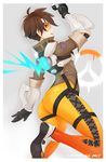  absurdres amanda_evelyn_earl artist_name ass bodysuit brown_hair goggles highres huge_filesize looking_at_viewer looking_back orange_bodysuit overwatch pants parted_lips short_hair signature smile solo spray_paint tight tight_pants tracer_(overwatch) union_jack 