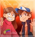 clothing dipper_pines disney emotional female floatingmegane-san_(artist) gravity_falls hat human mabel_pines male mammal not_furry rainbow red_background simple_background sweater 