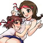  :d akai_mi_ga_bakuhatsu_shita akanishi_erika blush braid breast_grab breasts brown_hair double_bun drooling grabbing green_eyes groping gym_uniform headband heavy_breathing idolmaster idolmaster_cinderella_girls large_breasts multiple_girls munakata_atsumi open_mouth purple_eyes short_hair simple_background small_breasts smile sweat twin_braids white_background yuri 