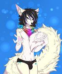  &lt;3 2016 abstract_background anthro bandanna bedroom_eyes black_hair blue_eyes blue_hair bulge canine clothed clothing ear_piercing eyelashes fangs fluffy fluffy_tail fox frilly front_view fur girly hair half-closed_eyes highlights holding_tail inner_ear_fluff looking_at_viewer male mammal multicolored_fur multicolored_hair navel neckerchief nirai_(artist) panties piercing portrait seductive smile solo standing syberfoxen tattoo three-quarter_portrait topless two_tone_fur two_tone_hair underwear white_countershading white_fur yellow_fur 