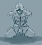  2018 bdsm blush bondage bound bulge clothed clothing darkner deltarune digital_media_(artwork) epaulette hair humanoid kneeling looking_at_viewer male monochrome not_furry rope rope_bondage rope_harness rouxls_kaard simple_background smile solo submissive submissive_male sweat uniform worrybot 