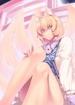  animal_ear_fluff animal_ears ass bangs bare_legs blonde_hair breasts dress eyebrows_visible_through_hair feet_out_of_frame fingernails fox_ears fox_tail frilled_dress frilled_shirt_collar frills hair_between_eyes kaiza_(rider000) knees_up legs long_fingernails long_sleeves looking_at_viewer medium_breasts multiple_tails no_hat no_headwear short_hair sitting smile solo tabard tail thighs touhou white_dress yakumo_ran yellow_eyes 