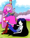  2016 adventure_time black_eyes black_hair book boots breasts clothed clothing cloud crown curtsibling detailed_background digital_media_(artwork) dress duo female footwear grey_skin hair happy humanoid long_hair looking_at_viewer lying marceline mountain not_furry outside pants parody pink_hair pink_skin plant princess_bubblegum shirt sitting sky tank_top tree vampire watermark waving 