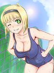  1girl bare_arms bare_legs bare_shoulders blonde_hair blue_swimsuit blush breasts cleavage clenched_teeth erect_nipples green_eyes hands_on_hips highres hosokawa_miki jigoku_sensei_nube large_breasts leaning_forward legs looking_at_viewer nekoshi one_eye_closed outdoors short_hair sky sleeveless smile solo standing sun sunlight sweat swimsuit thighs wink 