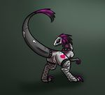  &lt;3 alorix anthro armwear butt claws clothing collar dinosaur eyebrow_piercing facial_piercing female fishnet furgonomics goth hair legwear long_tail looking_at_viewer looking_back multicolored_hair piercing pink_claws pink_eyes pink_hair presenting presenting_hindquarters pussy raptor reptile roxxi scalie simple_background solo stockings tail_clothing theropod white_face 