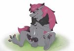  anthro balls barbed_penis claws dreiker ear_piercing erection knot looking_down male masturbation nintendo pawpads paws penis piercing pok&eacute;mon sitting smile solo toe_claws video_games zoroark 