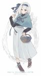  1girl 2018 basket black_shirt blue_bow blue_capelet blue_hairband boots bow brown_footwear capelet full_body grey_hair hair_bow hairband hand_up head_tilt holding holding_basket long_skirt long_sleeves merry_christmas nemu_(nemu_z_) original pleated_skirt shirt silver_hair simple_background skirt sleeves_past_wrists solo watermark web_address white_background white_skirt 