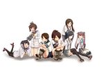  arashio_(kantai_collection) asagumo_(kantai_collection) asashio_(kantai_collection) bangs binoculars black_hair black_legwear brown_eyes brown_hair closed_eyes commentary_request dress hair_ribbon headgear highres kantai_collection long_hair multicolored_hair multiple_girls open_mouth pantyhose ponytail ribbon sailor_dress school_uniform serafuku shikinami_(kantai_collection) shirayuki_(kantai_collection) shirt short_hair short_hair_with_long_locks simple_background sitting skirt smile suspenders thighhighs tied_shirt tiger_(tiger-kimu) tokitsukaze_(kantai_collection) twintails white_background yukikaze_(kantai_collection) 