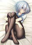  black_legwear blue_eyes blush eyes_visible_through_hair hair_ornament hair_over_one_eye hairclip hamakaze_(kantai_collection) kantai_collection leg_hug looking_at_viewer lying muo_(small_gift) no_gloves on_back panties panties_under_pantyhose pantyhose pleated_skirt school_uniform serafuku short_hair short_sleeves silver_hair skirt solo underwear wavy_mouth 