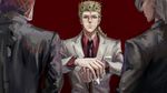  absurdres agentj blonde_hair blue_eyes braid cane earrings formal giorno_giovanna guido_mista hat highres jewelry jojo_no_kimyou_na_bouken male_focus multiple_boys necktie pannacotta_fugo silver_hair single_braid suit upper_body 