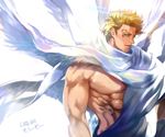 abs angel_wings backlighting blonde_hair caesar_anthonio_zeppeli chaashuu facial_mark green_eyes jojo_no_kimyou_na_bouken light male_focus multiple_wings muscle naked_scarf scarf shirtless solo translated upper_body wings 
