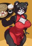  2018 big_breasts black_hair blush breasts chalo cleavage clothed clothing dress female food hair mammal panda red_eyes signature solo standing thick_thighs ursine voluptuous wide_hips 