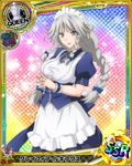  apron artist_request braid card_(medium) character_name chess_piece grayfia_lucifuge high_school_dxd long_hair maid maid_apron maid_headdress official_art queen_(chess) silver_eyes silver_hair solo trading_card twin_braids 