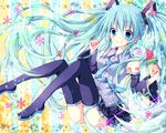  aqua_eyes aqua_hair detached_sleeves flower food fruit hair_ornament hatsune_miku long_hair necktie popsicle runako skirt smile solo thighhighs twintails very_long_hair vocaloid watermelon zettai_ryouiki 