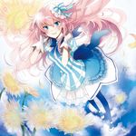  blue_eyes blush flower fraulein_(module) from_above gloves hair_ribbon long_hair megurine_luka miyabi_akino petals pink_hair project_diva_(series) project_diva_2nd ribbon solo vocaloid 