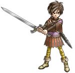  absurdres black_eyes boots brown_hair dragon_quest dragon_quest_ix full_body hero_(dq9) highres long_sleeves official_art sheath short_hair simple_background solo standing sword toriyama_akira weapon 