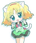  animal_ears blonde_hair blue_eyes blush bow cat_ears cat_tail chibi earrings hairband happy jewelpet_(series) jewelpet_twinkle jewelry mirai_(sugar) miria_marigold_mackenzie necktie open_mouth pointing ribbon short_hair short_twintails skirt smile solo standing tail twintails 