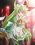  alternate_costume black_legwear enmaided ex-keine geo_(yukishitadou) green_hair horn_ribbon horns kamishirasawa_keine long_hair maid purple_eyes ribbon solo tail thighhighs touhou very_long_hair 