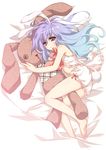  animal_ears barefoot bloomers blue_hair bunny bunny_ears child copyright_request gradient_hair hug lingerie long_hair lying multicolored_hair on_side oversized_object red_eyes solo stuffed_animal stuffed_toy tail underwear yasaka_minato 