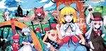  alice_(wonderland) alice_(wonderland)_(cosplay) alice_in_wonderland alice_margatroid animal_ears bat_wings blonde_hair blue_eyes bow bowtie braid bunny_ears cat_ears cheshire_cat cheshire_cat_(cosplay) cosplay double_bun earrings flandre_scarlet fujiwara_no_mokou green_eyes hat ibaraki_kasen ibuki_suika ideolo inaba_tewi izayoi_sakuya jewelry kaenbyou_rin mad_hatter mad_hatter_(cosplay) maid maid_headdress multiple_girls parody red_eyes red_hair reisen_udongein_inaba remilia_scarlet silver_hair tears top_hat touhou tuxedo twin_braids wings 