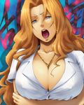  between_breasts bleach blue_eyes breast_hold breasts chain cleavage collarbone covered_nipples crossed_arms hairu huge_breasts jewelry long_hair matsumoto_rangiku mole mole_under_mouth necklace open_mouth orange_hair shirt solo tongue upper_body 