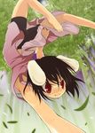  animal_ears bad_id bad_pixiv_id barefoot bike_shorts black_hair bunny_ears bunny_tail face feet grin inaba_tewi konoe_yuba red_eyes short_hair smile solo tail touhou 