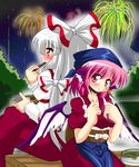  akasode_(tyaramu) animal_ears bow fujiwara_no_mokou hair_bow hair_ribbon highres long_hair multiple_girls mystia_lorelei okamisty pants pink_hair red_eyes ribbon short_hair silver_hair suspenders touhou wings 