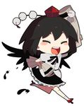  :d black_hair blush blush_stickers chibi closed_eyes feathers geta hat lowres mzh newspaper open_mouth running shameimaru_aya short_hair simple_background smile solo tengu-geta tokin_hat touhou wings 