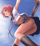  ass boomerang boots bra breasts from_below haruyama_kazunori houjou_kuniko lingerie medium_breasts panties pantyshot pink_hair shangri-la short_hair skirt solo underboob underwear weapon 