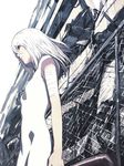  bandages chain-link_fence fence highres iwai_ryou long_hair original ruins solo white_hair 