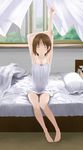  arm_up armpits arms_up bad_id bad_pixiv_id barefoot bed bed_sheet breasts brown_hair camisole cellphone cleavage closed_eyes curtains full_body highres indoors legs medium_breasts original phone pillow sitting solo stretch sweat window yoropa 