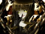  ashuho bad_id bad_pixiv_id bangs black_hair black_rock_shooter blunt_bangs blurry chain choker close-up collar collarbone dead_master depth_of_field finger_licking glowing glowing_eyes licking looking_at_viewer solo tongue yellow_eyes 