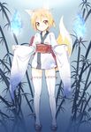  absurdres animal_ears ass_visible_through_thighs blonde_hair clog_sandals fox_ears fox_tail full_body highres hitodama ichi_makoto japanese_clothes kimono legs original short_hair solo tabi tail thighhighs yellow_eyes 